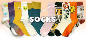 Collection of colorful and stylish socks featuring playful designs like smiley faces, floral patterns, and gingham prints, perfect for all occasions